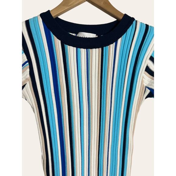 Milly Blue Stripe Ribbed Stretch Knit Fringe Short Sleeve Midi Dress Size Petite - Picture 4 of 9